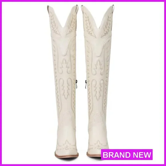 Over The Knee Cowboy Boots Chunky Heel Slip On Zipper Square Toe Western Fashion - Picture 5 of 7